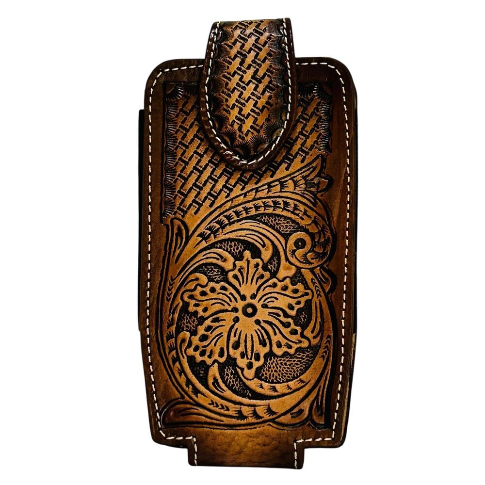 Western Leather Cell Phone holster brown - hand tooled,Funda de piel vaquera